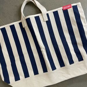 Oversided navy/white striped BEAUTYCOUNTER canvas tote
